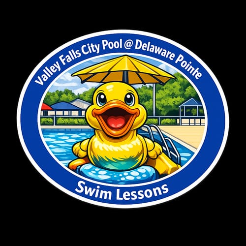 Customer's custom circle sticker showing a happy rubber duck in a pool with a blue border, for swim lessons.