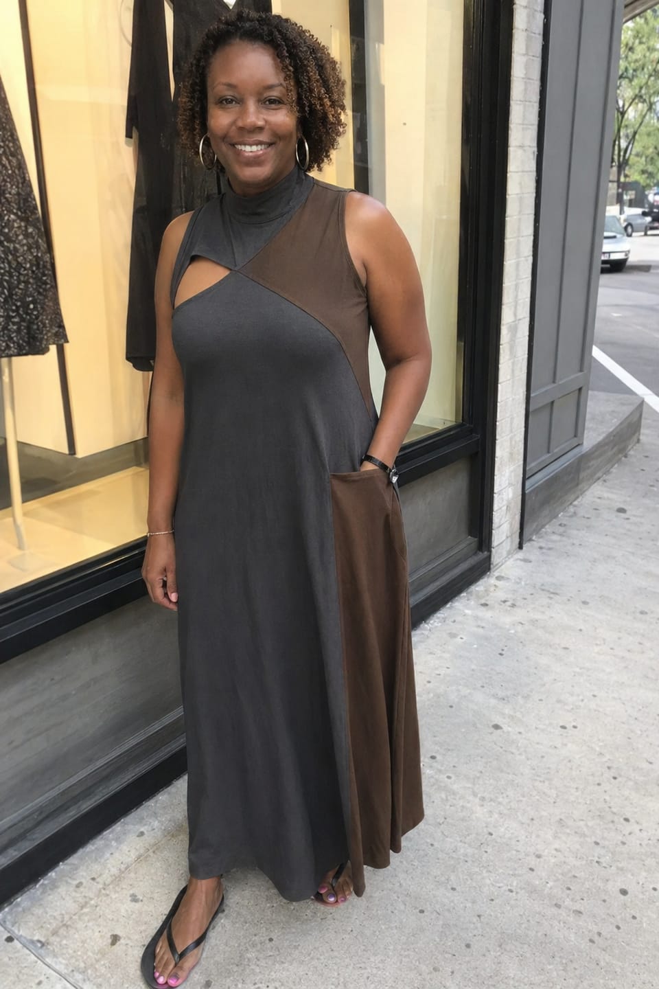 Customer photo review of Loose Sleeveless Asymmetric Contrast Color Pockets Split-Joint Mock Neck Maxi Dresses