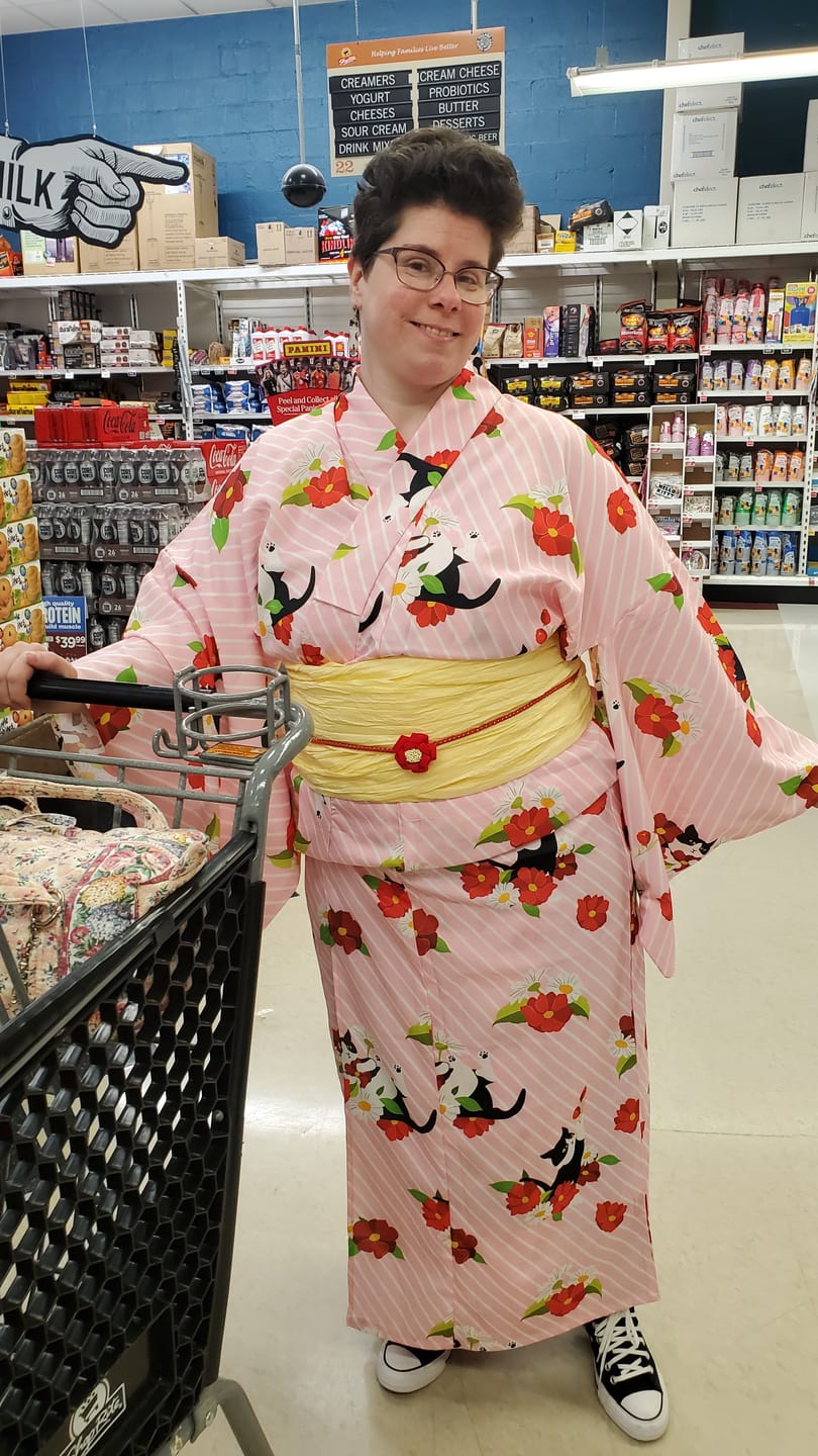 Customer photo review of Yukata Kimono Plus Size - Cats and Flowers in Striped Pink (Style #1006)