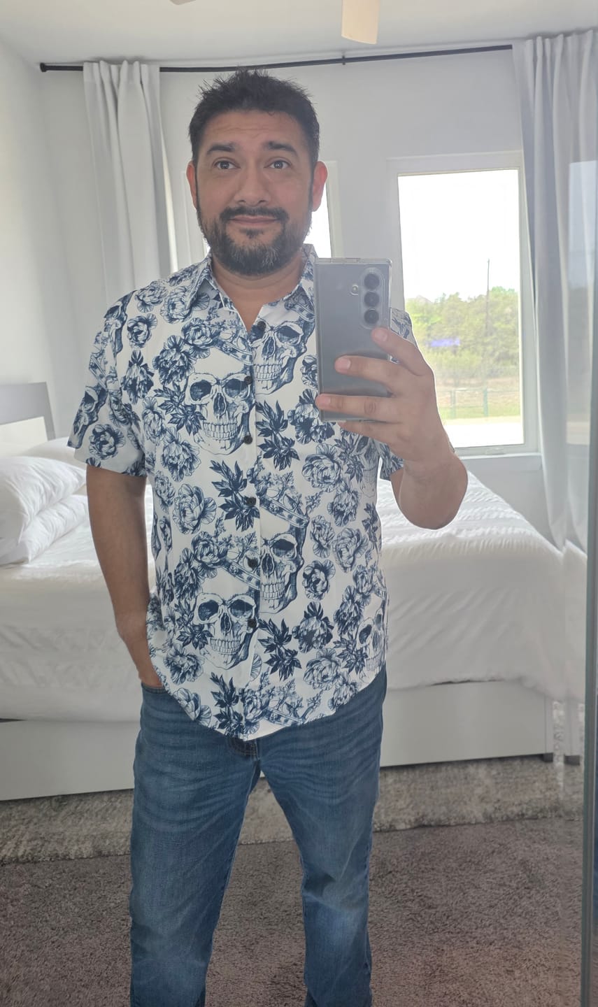 Customer photo review of Men's Punk Rock Crown Floral Skull Print Short Sleeve Shirt