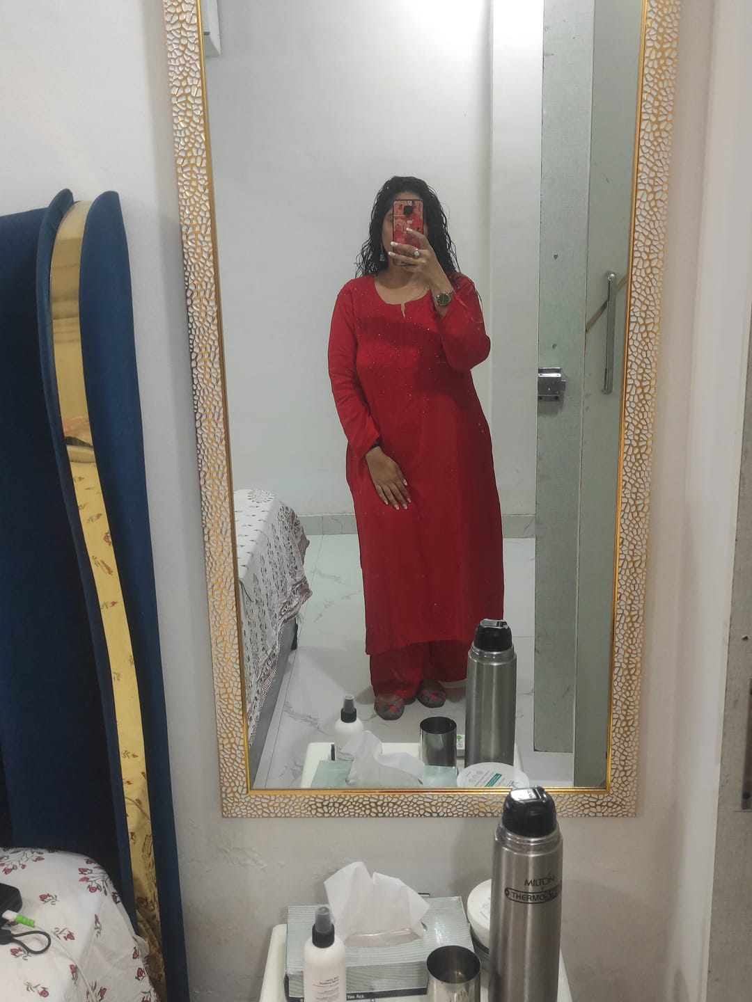 Customer photo review of Red 2 piece Rayon Mukaish set