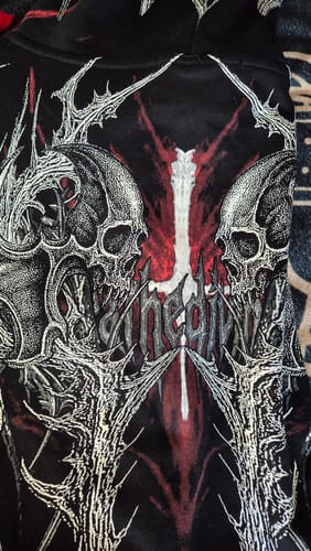 Customer photo review of Death Blight Oversized Zip-Up Hoodie [HEAVENLY RED]