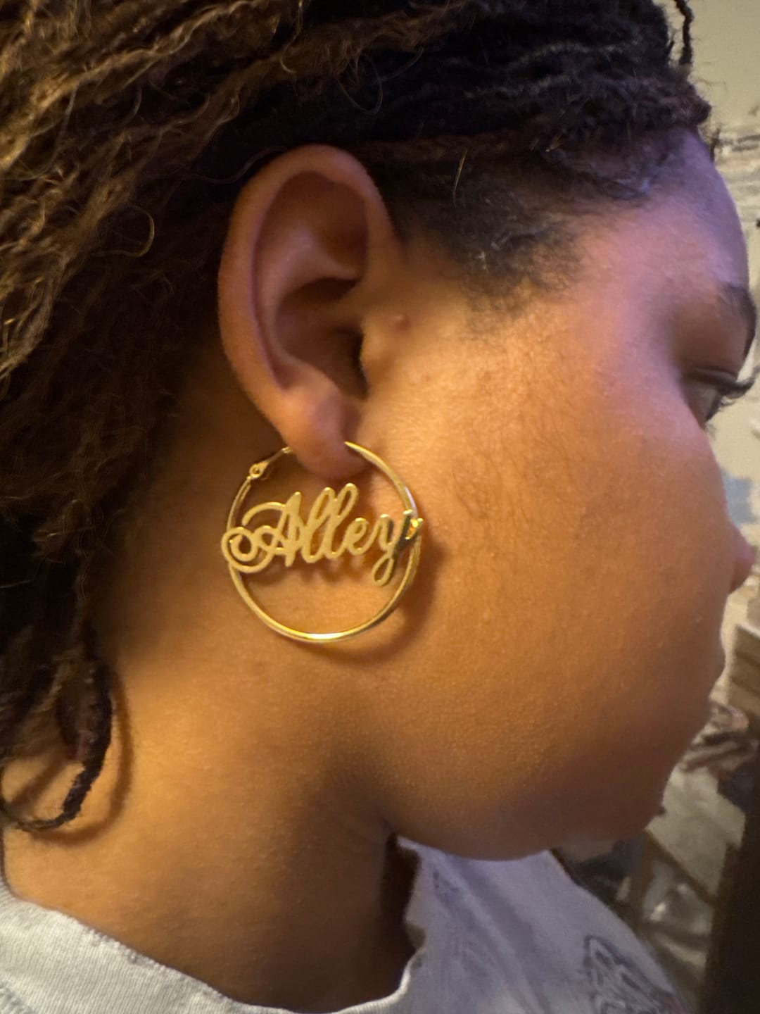 Customer photo review of Script Name Hoop Earrings