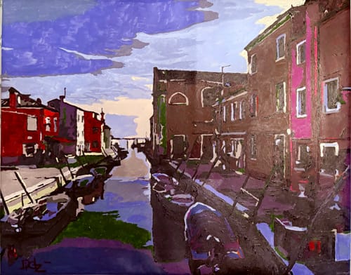 Customer's completed Custom Paint by Numbers Kit showing a colorful canal scene in Burano with boats and buildings.