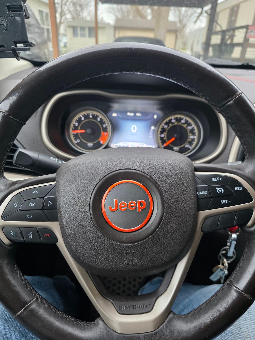 Customer photo review of JEEP Steering Wheel Emblem Overlay Decal — 30+ Colors & Designs (Flag, Topo, Animal, Solid)