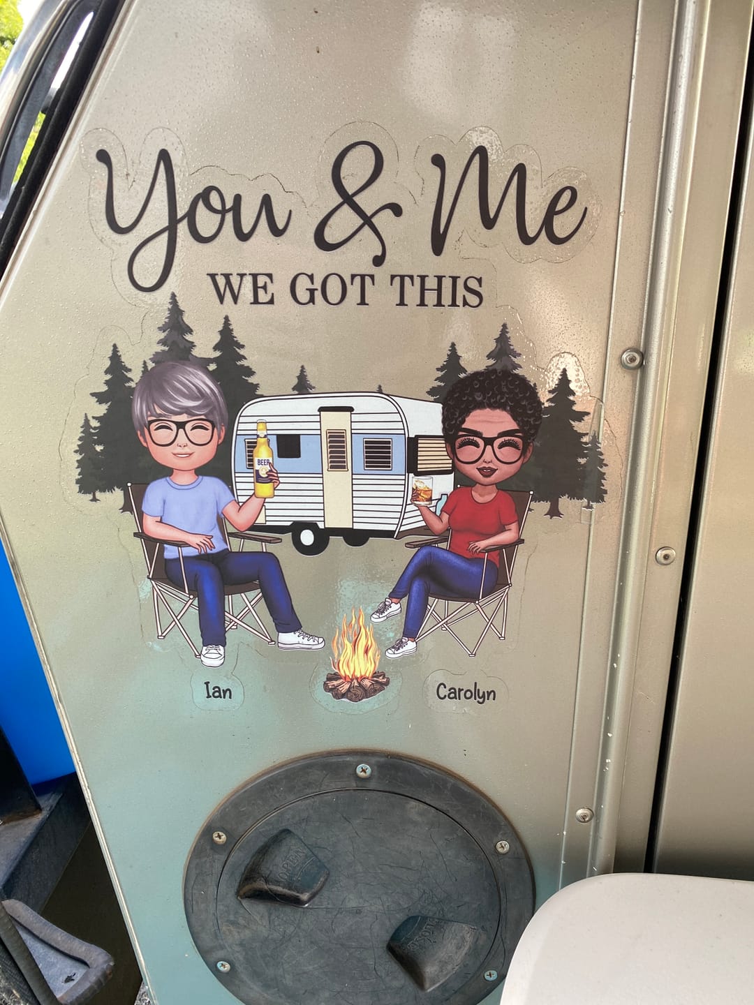 Customer photo review of Camping Partners For Life Doll Couple Sitting Personalized RV Decal