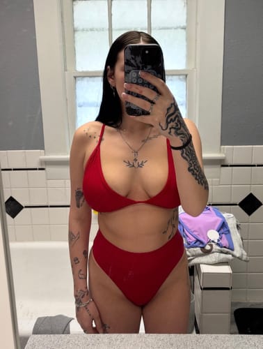 Customer photo review of LILY Scarlet Red Minimal Triangle Top