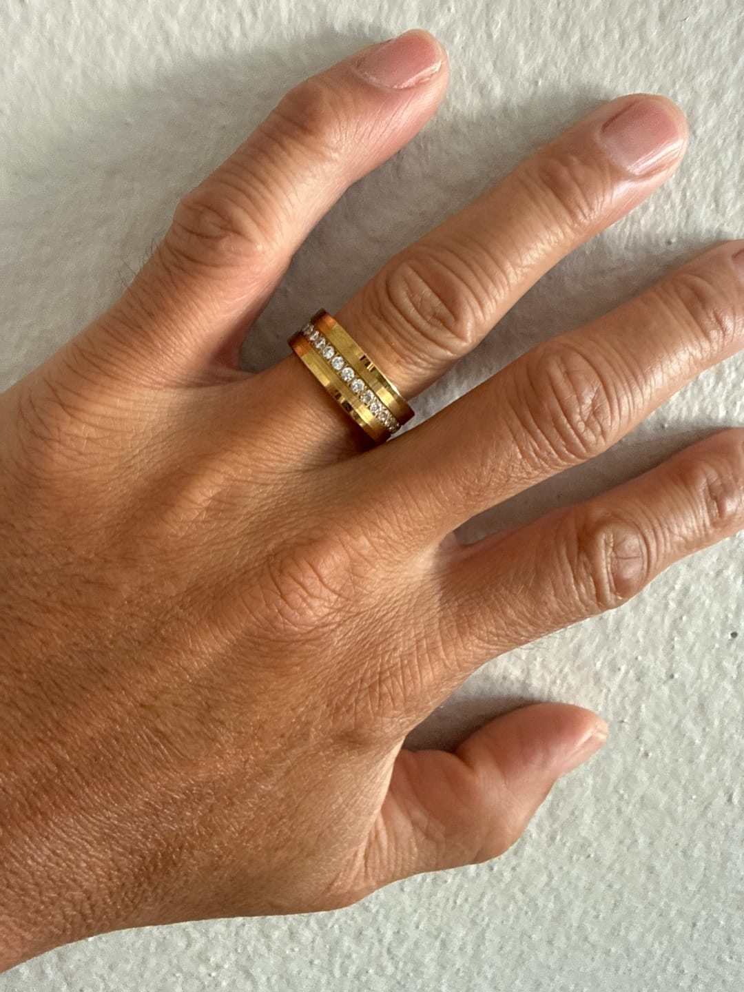 Customer photo review of 8mm - Men's Tungsten Wedding Band, CZ Diamond Ring, Comfort Fit Ring, Yellow Gold Ring,