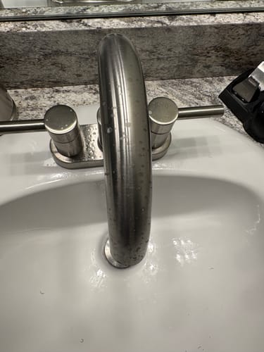 Reviewer's brushed nickel faucet and sink with hard water spots before cleaning.