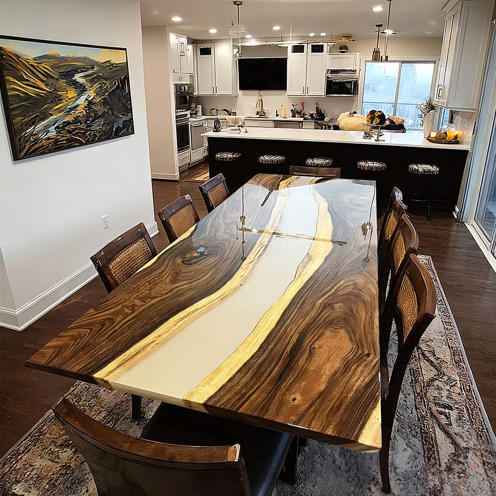 Customer photo review of Artisanal Black Walnut Wood Pearlwhite Shimmer Epoxy Table KCT62 - for Upscale Dining Rooms