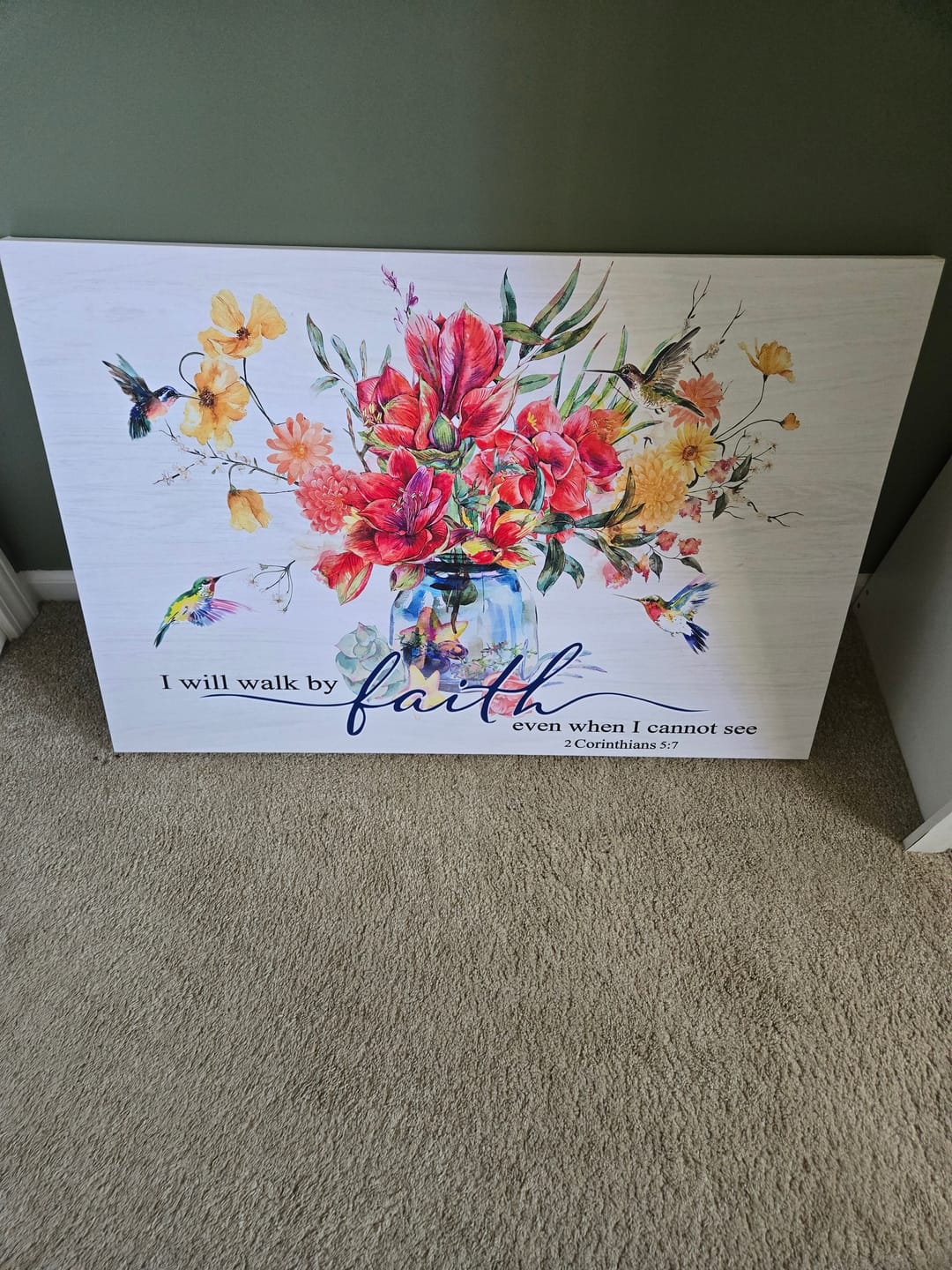 Customer photo review of I Will Walk by Faith Even When I Cannot See, Flowers and Hummingbirds, Wall Art Canvas