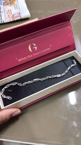 Customer's Silver Dude's Delight Bracelet for Him with a link chain design, shown in its open maroon box.