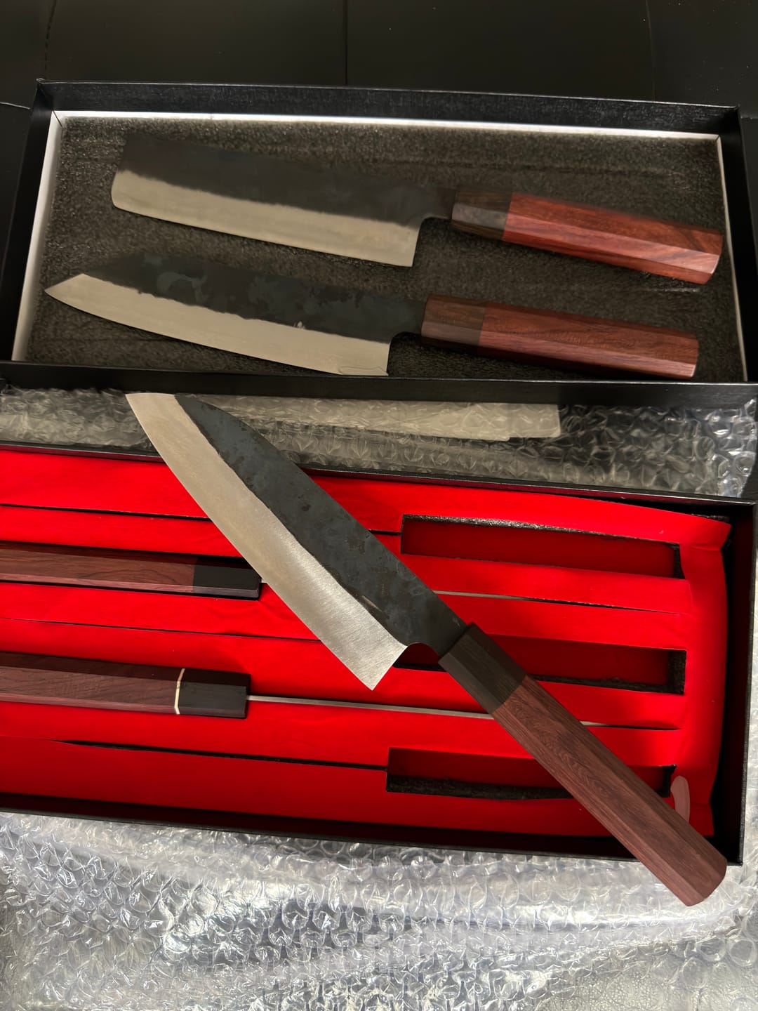 Customer photo review of Master 5‑Piece Collection - Blue Steel Red Ebony Series (Gyuto, Nakiri, Petty, Santoku, Bunka)