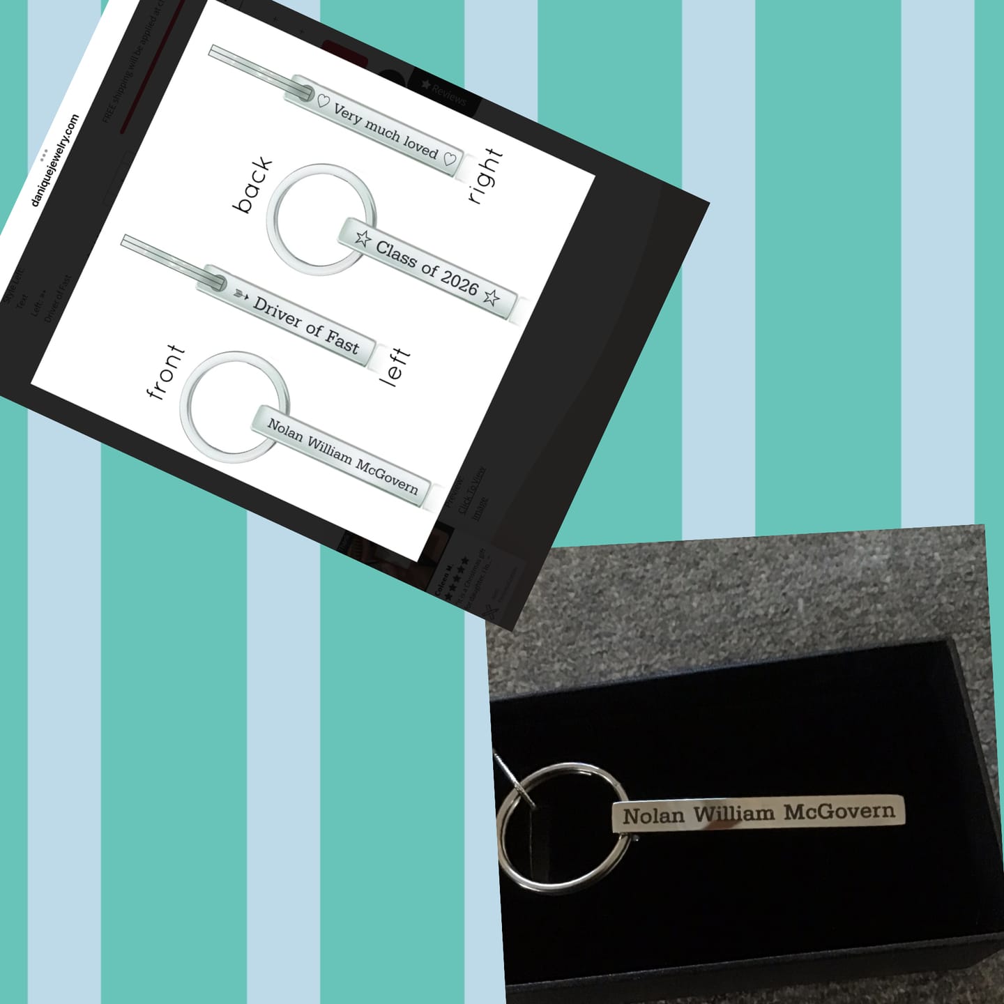 Customer photo review of Engraved 3D Bar Keychain, Personalized Coordinates, name, date 4 sided Keyring Gift