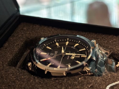 Customer's close-up of their new watch nestled in its gift box.