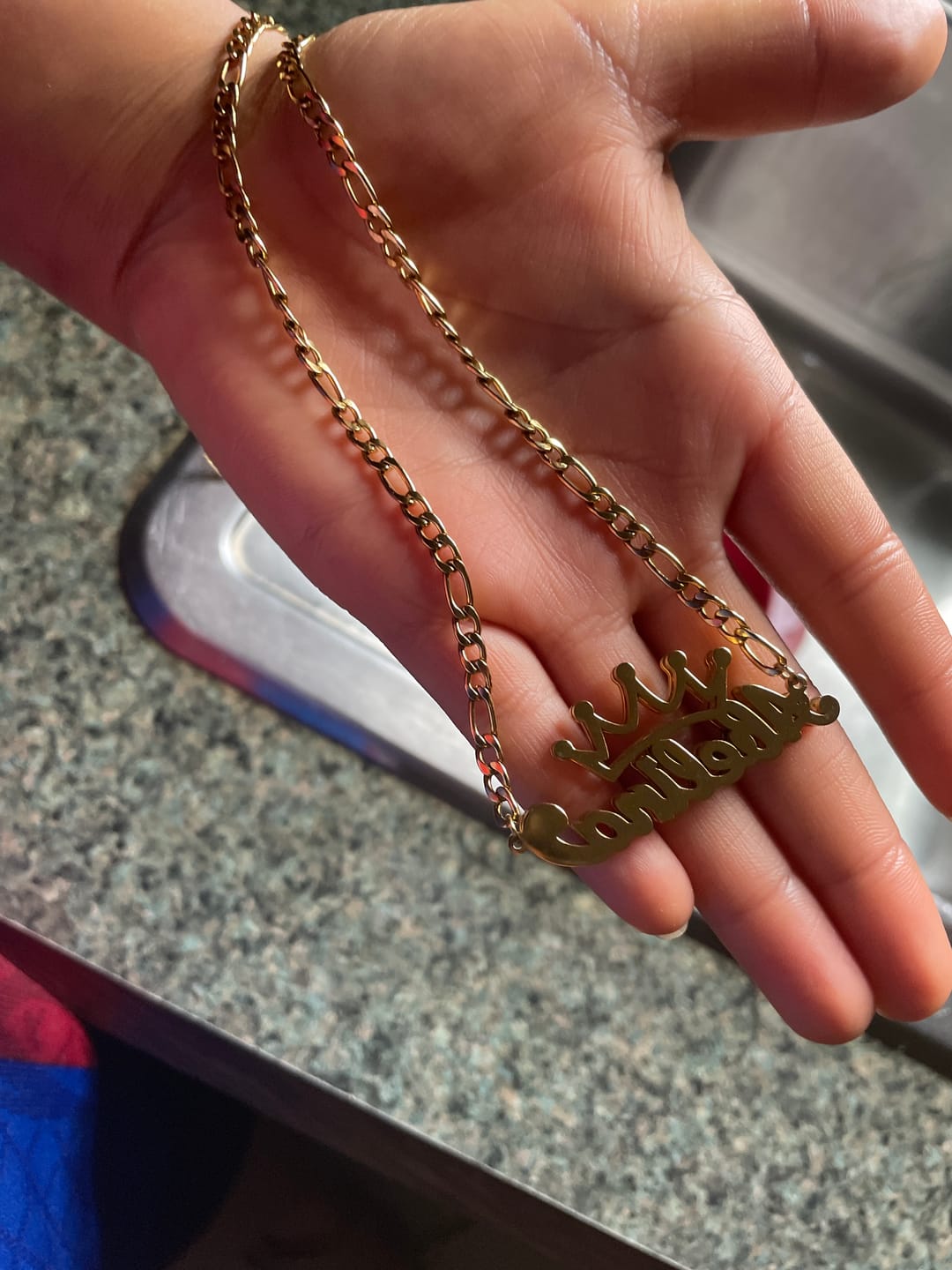 Customer photo review of Double Plated Crown Name Necklace w/ Figaro Chain