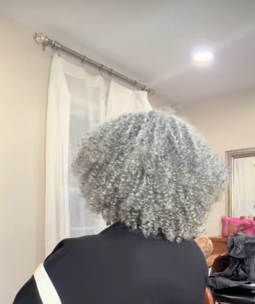 Customer photo review of Luvwin 5x5 Jerry Curly Salt And Pepper Glueless Gray Color Pre-Cut Lace Fluffy Bob Wig 100% Real Human Hair