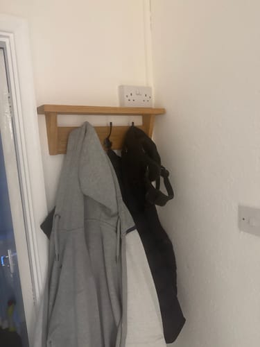 Customer photo review of Solid Oak Coat Rack With Storage Shelf
