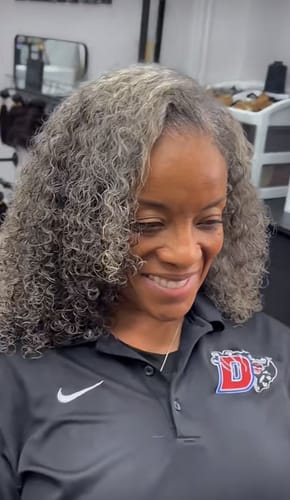 Customer photo review of Luvwin 5x5 Jerry Curly Salt And Pepper Glueless Gray Color Pre-Cut Lace Fluffy Bob Wig 100% Real Human Hair