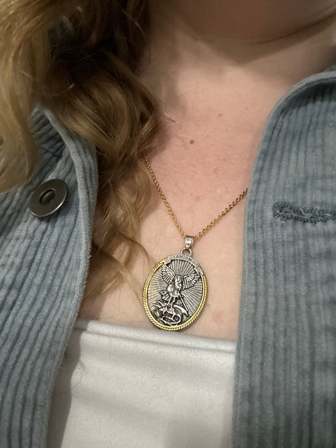Customer photo review of Christianartworkshop Two Tone Sword & Oval Shield St. Michael Pendant Necklace
