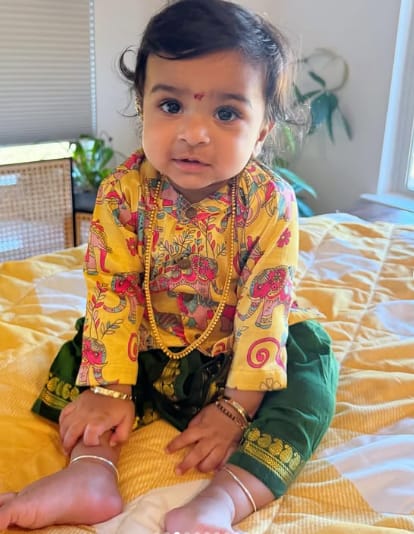 Customer photo review of Traditional Indian Yellow Aane Print Baby Boy Silk Kurta Green Dhoti Set