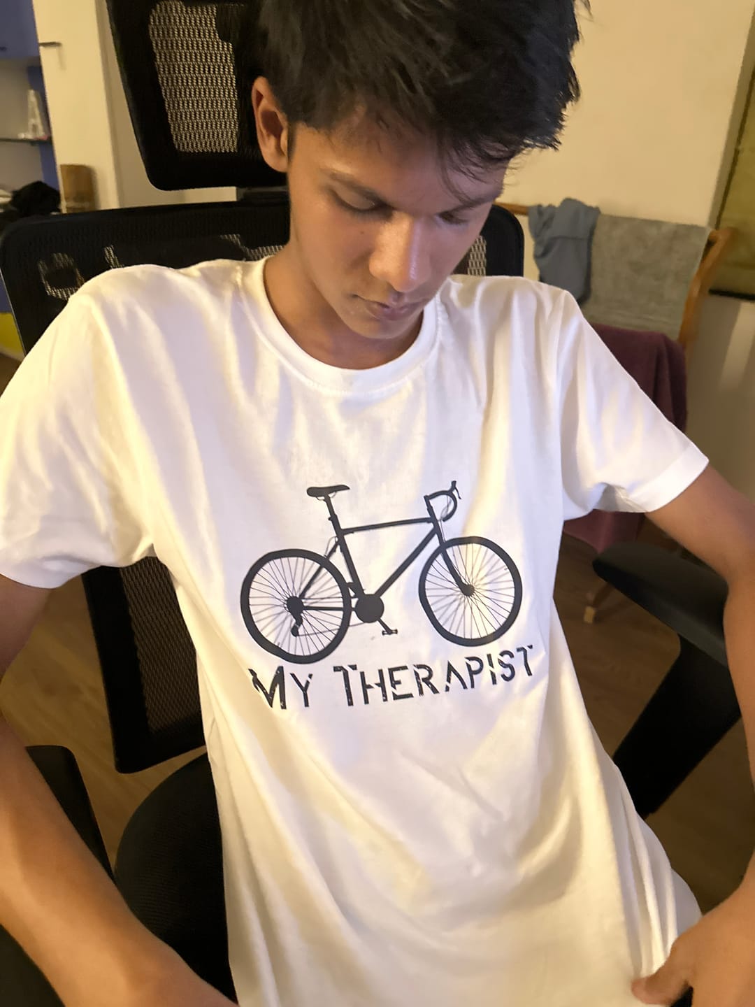 Customer photo review of Cycling: My Therapist Classic White T-Shirt