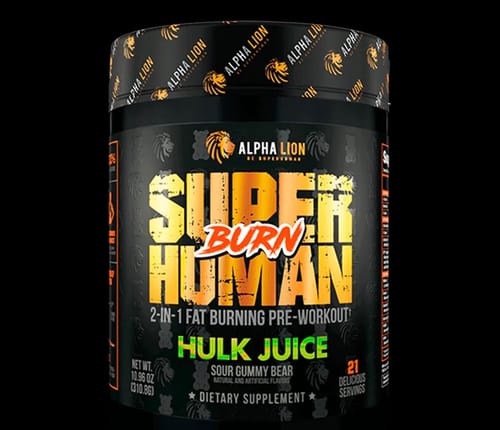 Customer's black tub of Alpha Lion Superhuman Burn pre-workout, in the Hulk Juice (Sour Gummy Bear) flavor.