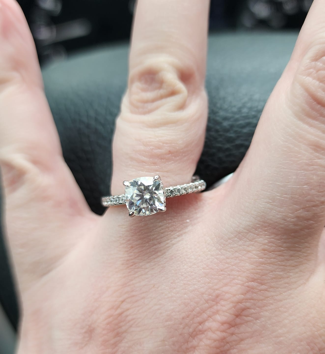 Customer photo review of S925 Moissanite 2.0~2.5 Carat Cushion Cut Engagement Ring