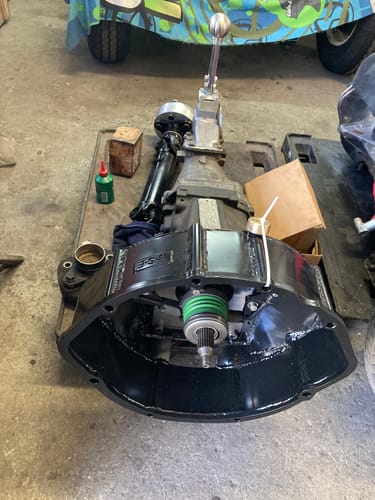 Customer's custom transmission assembly showing the bellhousing and hydraulic bearing that the Concentric Slave Cylinder Pipe connects to.