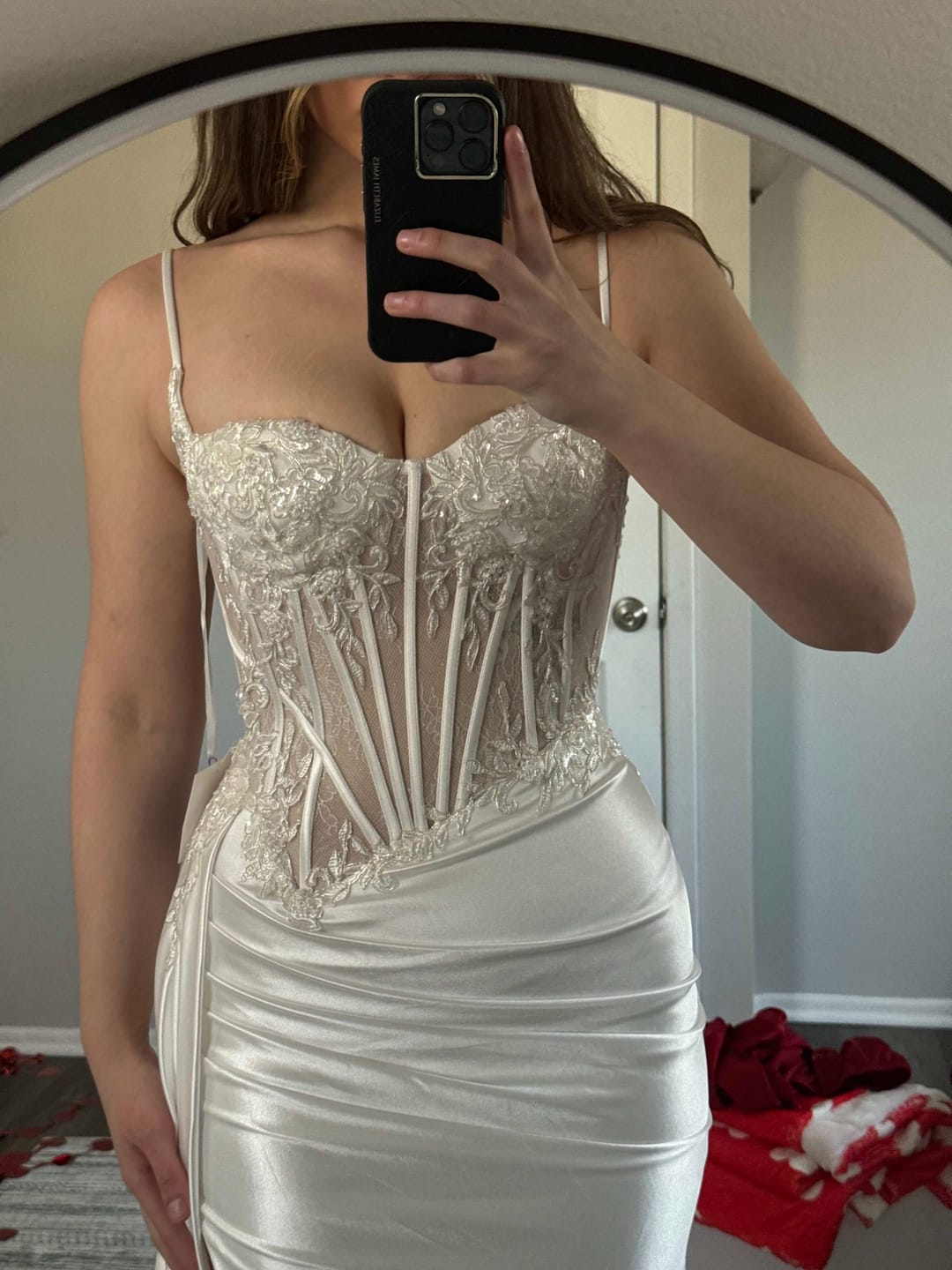 Customer photo review of Ladivine CD868W Long Fitted Satin & Lace Bridal Dress