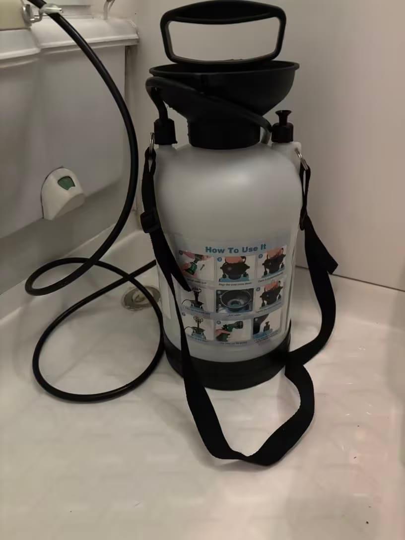 Customer photo review of Portable Manual Camping Shower – 3/5/8L Hand Pump with 3m Hose