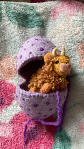 Customer photo review of Felt Purple Surprise Egg with Highland Cow Toy Inside