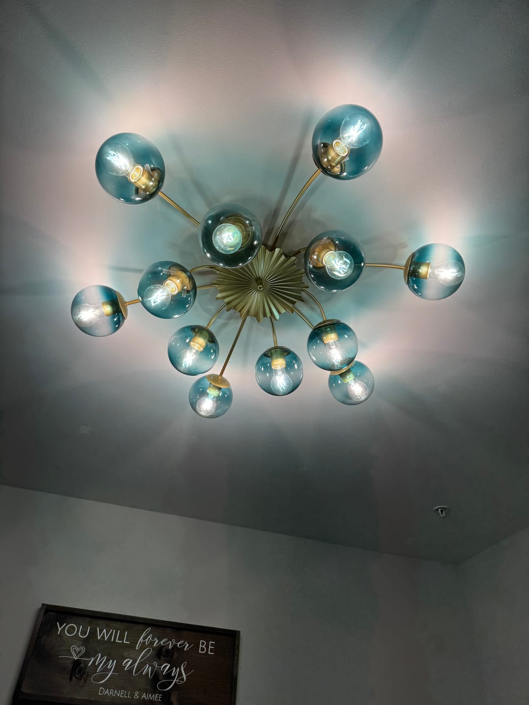 Customer photo review of Glam Bloom 12-Light Blue Glass Bubble Semi Flush Chandelier
