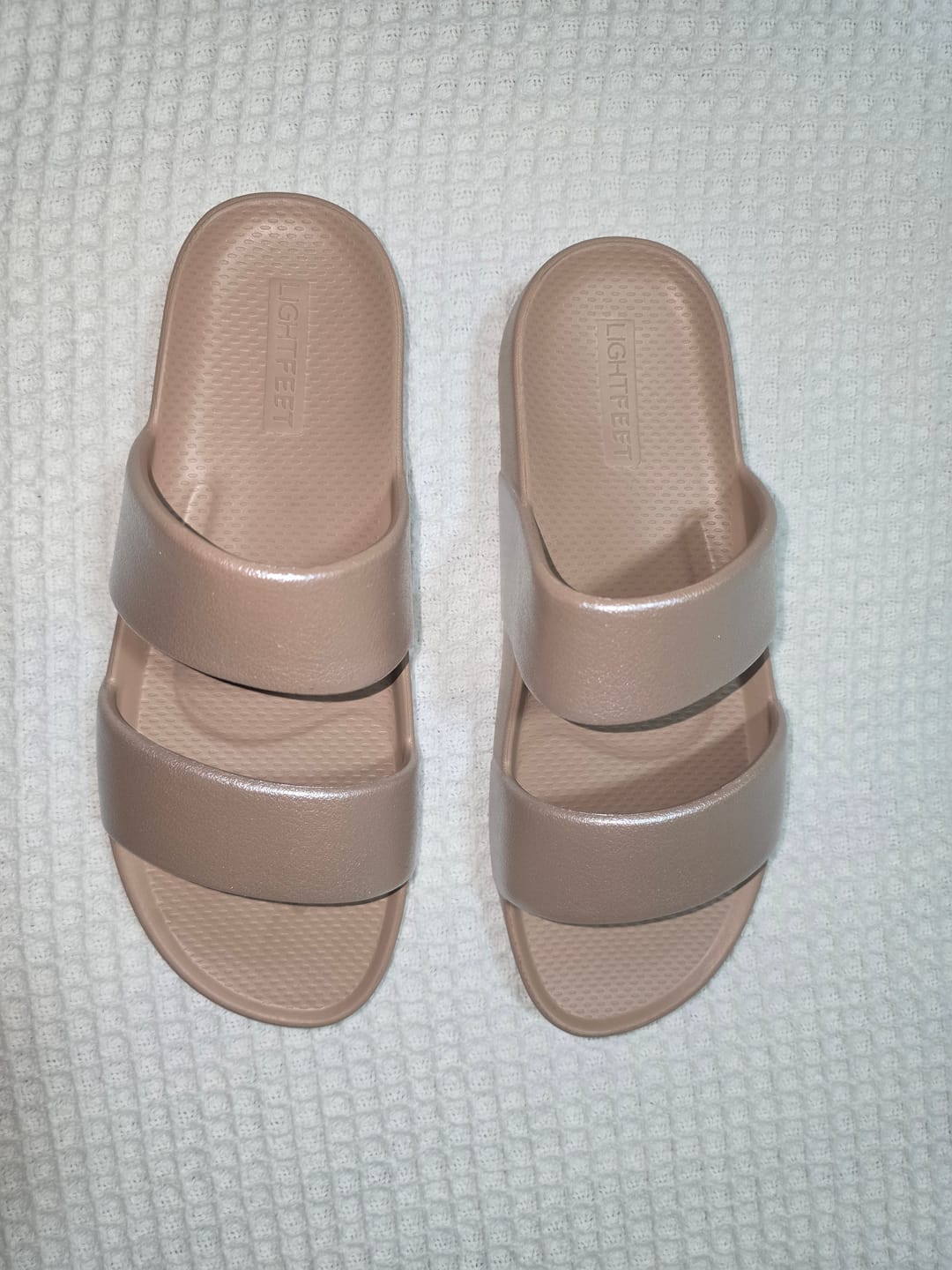 Customer photo review of Latte Shimmer - Lightfeet Double Strap Slides