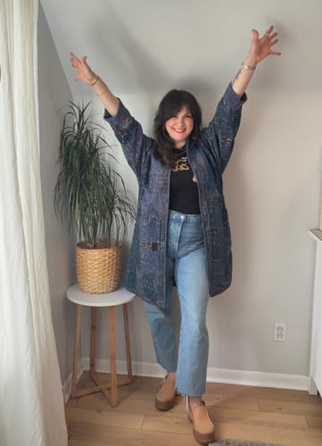 Customer photo review of The Sai Quilted Indigo Kantha Coat