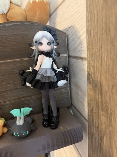 Customer's adorable Mogo Bloom Action Figure shown on a wooden shelf, wearing a black, grey, and white layered outfit.