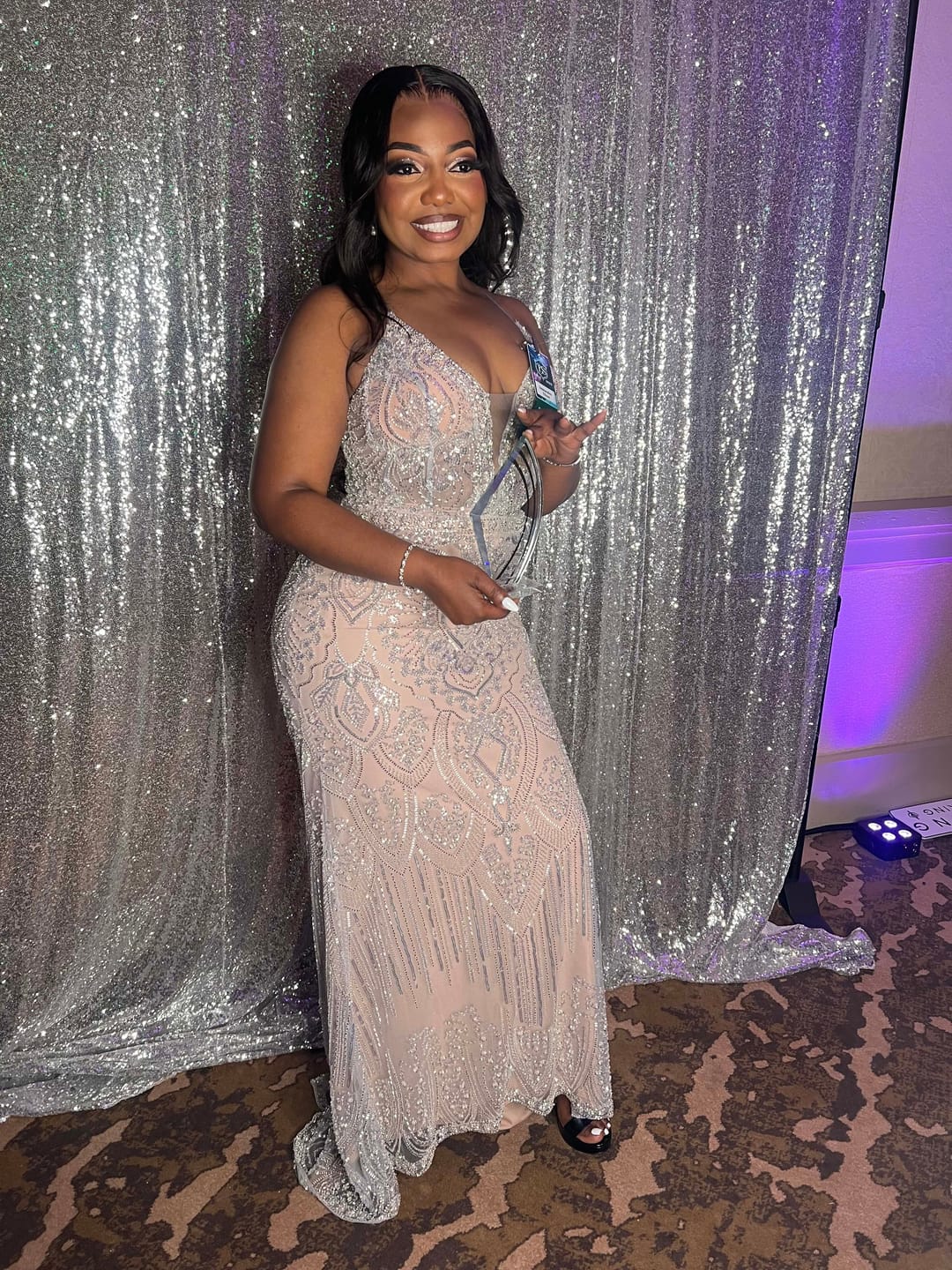 Customer photo review of Andrea & Leo A1312 Long Fitted Silver/Nude Crystal Beaded Gown