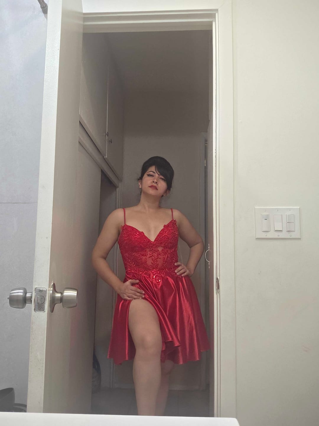 Customer photo review of Juliet JT940R Dress V-Neck Leaf Lace Corset Bodice Satin Skirt