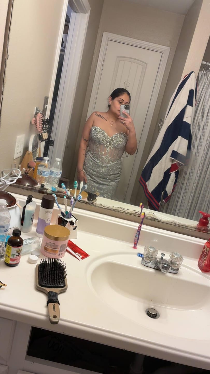 Customer photo review of Ladivine J889 Hand Placed Applique Shimmering Sequin Fitted Gown
