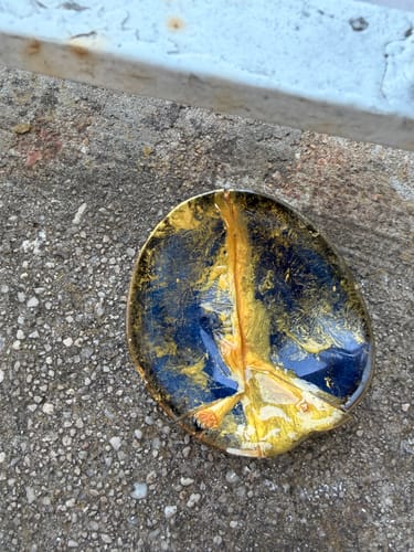Customer's handmade project from the Craft DIY Subscription Box, showing a small blue and gold dish with a peace sign.