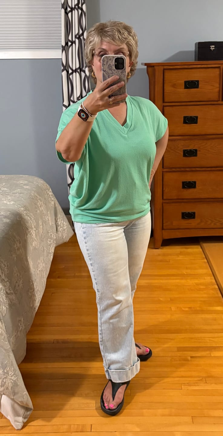 Customer photo review of Jolie Slouchy Dolman Tee (Seafoam)