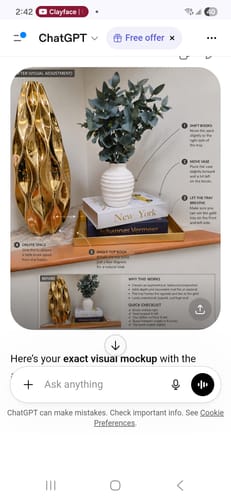 Customer's tall gold ceramic vase styled on a shelf with books and another vase.