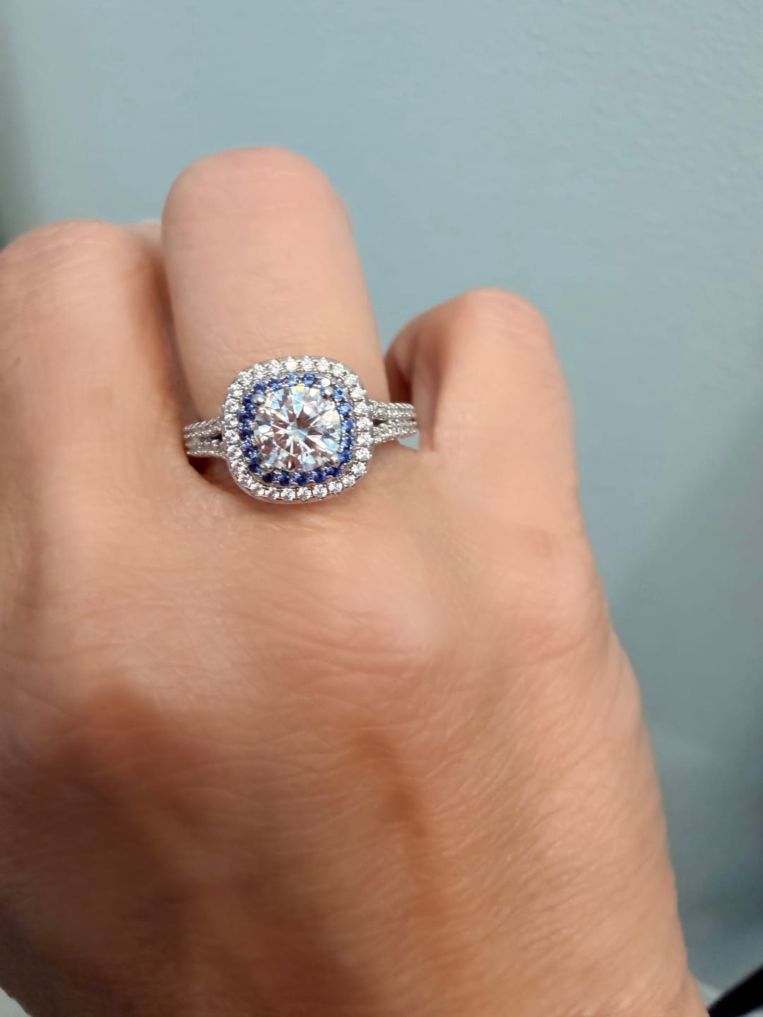Customer photo review of Double Halo Moissanite Split Shank Pave Engagement Ring