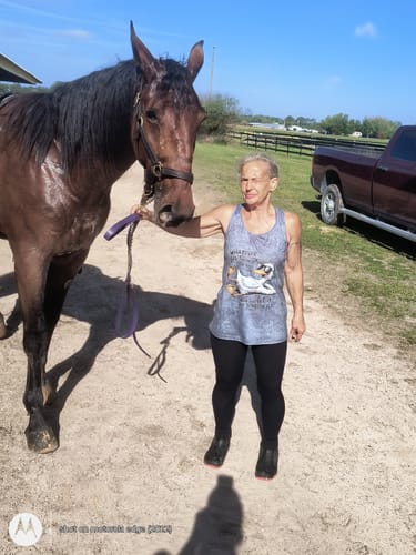 Reviewer in black 3D Anti-Cellulite Leggings, standing outdoors next to a horse.
