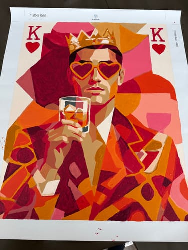 Customer's completed 'The King' paint by number canvas showing a colorful, stylized man in a crown and heart sunglasses.