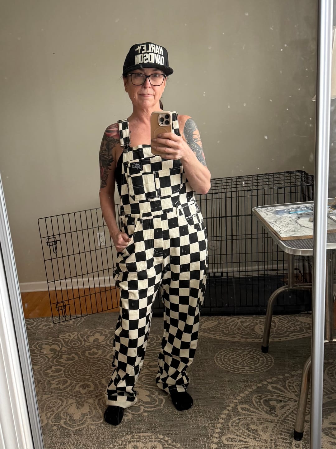 Customer photo review of Born Bad Washed Overalls - Checkered