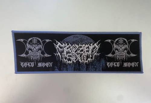 Customer's rectangular Frozen Soul 'Cold Moon' strip patch with a blue border, laid flat on a surface.