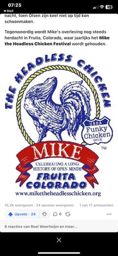 Reviewer's screenshot of a post about the 'Mike the Headless Chicken' festival.