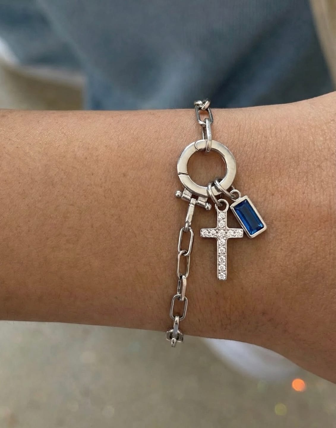 Customer photo review of Paperclip Birthstone Cross Charm Bracelet