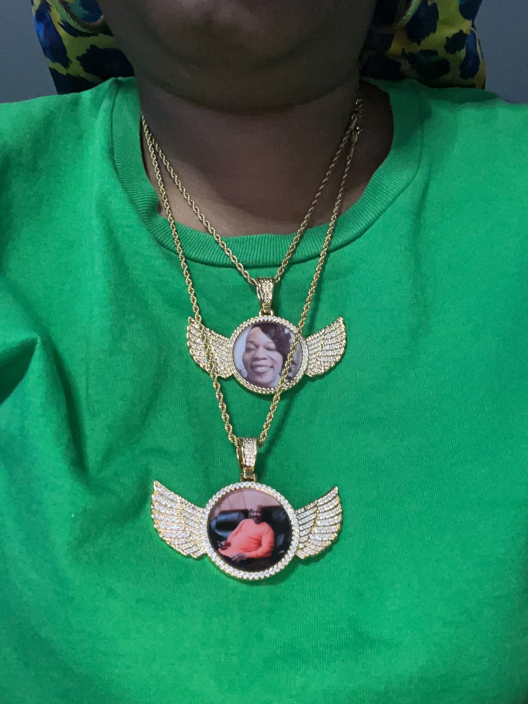 Customer photo review of Diamond Studded Angel Wing Photo Necklace